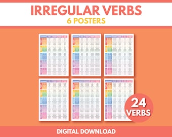 Lingua spagnola, 24 VERBI IRREGOLARI - Set di 6 poster, coniugazione, tempi verbali, tabella grammaticale, aula, poster didattico, download digitale