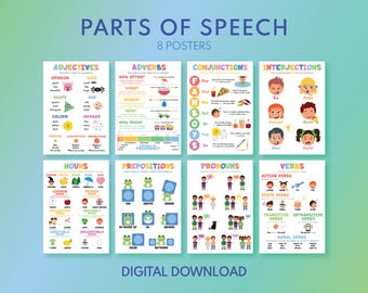 TEILE DER SPRACHE für Kinder - 8 Poster Set, Englische Grammatik Diagramm, Klassenzimmer Dekor, Lernposter, bedruckbarer digitaler Download