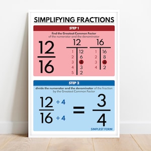 REDUCING FRACTIONS POSTER, Simplifying Fractions, Educational posters, Math Poster for Kids, Classroom Wall Decor, digital download