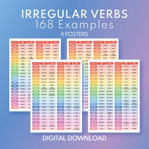 168 IRREGULAR VERBS - Set of 4 Posters, English Language, Homeschool & Classroom, Educational Poster, Digital Download