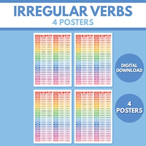 168 VERBES IRRÉGULIERS - Lot de 4 affiches, langue anglaise, école à la maison et salle de classe, affiche éducative, téléchargement numérique