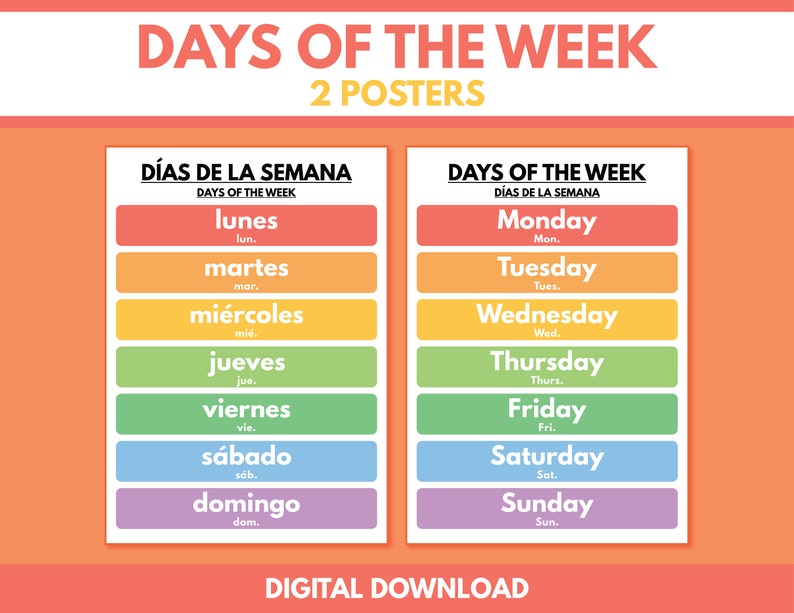 Spanish Language, DAYS of THE WEEK in Spanish, 2 Posters, Spanish ...