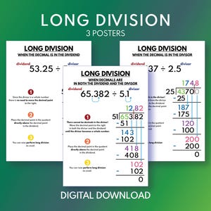 May include: Three white posters with green and blue accents, each displaying long division problems. The posters include the text "LONG DIVISION" and "DIGITAL DOWNLOAD". The problems involve decimals in the dividend, divisor, or both.