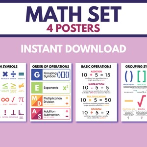 May include: A set of four educational math posters with a purple background. The posters display math symbols, order of operations, basic operations, and grouping symbols. The text "MATH SET 4 POSTERS INSTANT DOWNLOAD" is at the top.