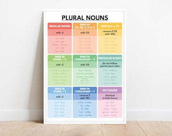PLURAL NOUNS POSTER, Grammatikregel für Hausschule, Klassenzimmer Wanddeko, Spracharten, Lernposter, Digitaler Download