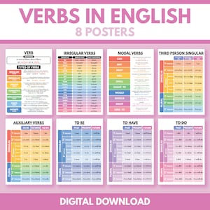 VERBI INGLESI: set di 8 poster, lingua inglese, poster educativo, download digitale