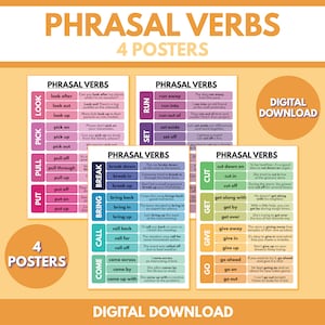PHRASAL VERBS - Set of 4 Posters, Learn English Vocabulary, Grammar Chart, Homeschool, Classroom Educational Poster, Digital Download