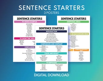 SENTENCE STARTERS - set of 3 posters, Writing an Essay, Homeschool, English Classroom, Educational poster, printable, digital download