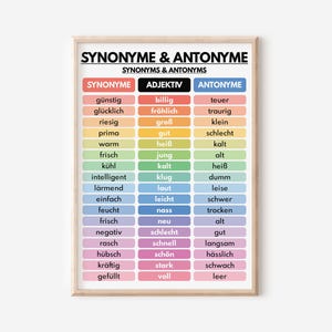 Deutsche Sprache, SYNONYME & ANTONYME POSTER, Vokabeltabelle, Hausschule, Klassenzimmer Dekor, Lernposter, bedruckbar, digitaler Download