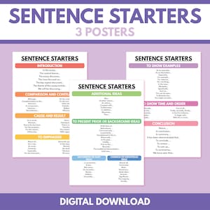 SENTENCE STARTERS - set of 3 posters, Writing an Essay, Homeschool, English Classroom, Educational poster, printable, digital download