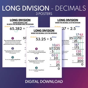 DIVISIÓN LARGA con decimales, juego de 3 carteles, carteles educativos para niños, ideas de arte mural para el aula de matemáticas, imprimible, descarga digital