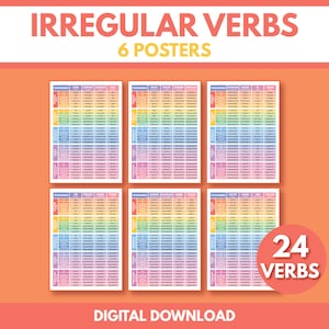 Spanische Sprache, 24 UNREGELMÄßIGE VERBEN - Set mit 6 Postern, Konjugation, Zeitformen, Grammatiktabelle, Klassenzimmer, Lernposter, Digitaler Download