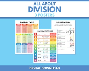 DIVISIÓN - Conjunto de 3 carteles: tabla de división, división larga, estrategias de división, cartel educativo, arte mural para el aula, descarga digital