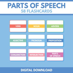 TARJETAS DE APRENDER SOBRE LAS PARTES DEL DISCURSO para niños, 58 tarjetas de aprendizaje, gramática inglesa, tarjetas Montessori imprimibles, descarga instantánea, descarga digital