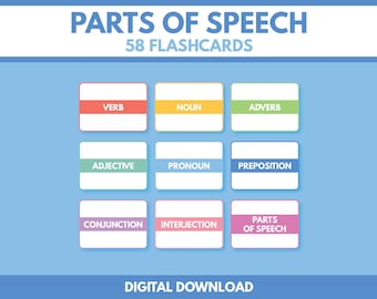 May include: A set of 9 colorful flashcards with the names of the parts of speech: verb, noun, adverb, adjective, pronoun, preposition, conjunction, interjection, and parts of speech. The text "58 Flashcards" and "Digital Download" are also included.