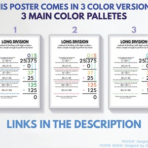 Cartel de LONG DIVISION, impresión, Cartel educativo para niños, Matemáticas, Colores del arco iris, Cartel del aula, Imprimible, descarga digital imagen 5