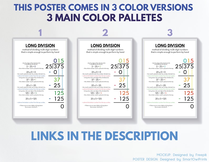 Cartel de LONG DIVISION, impresión, Cartel educativo para niños, Matemáticas, Colores del arco iris, Cartel del aula, Imprimible, descarga digital imagen 5