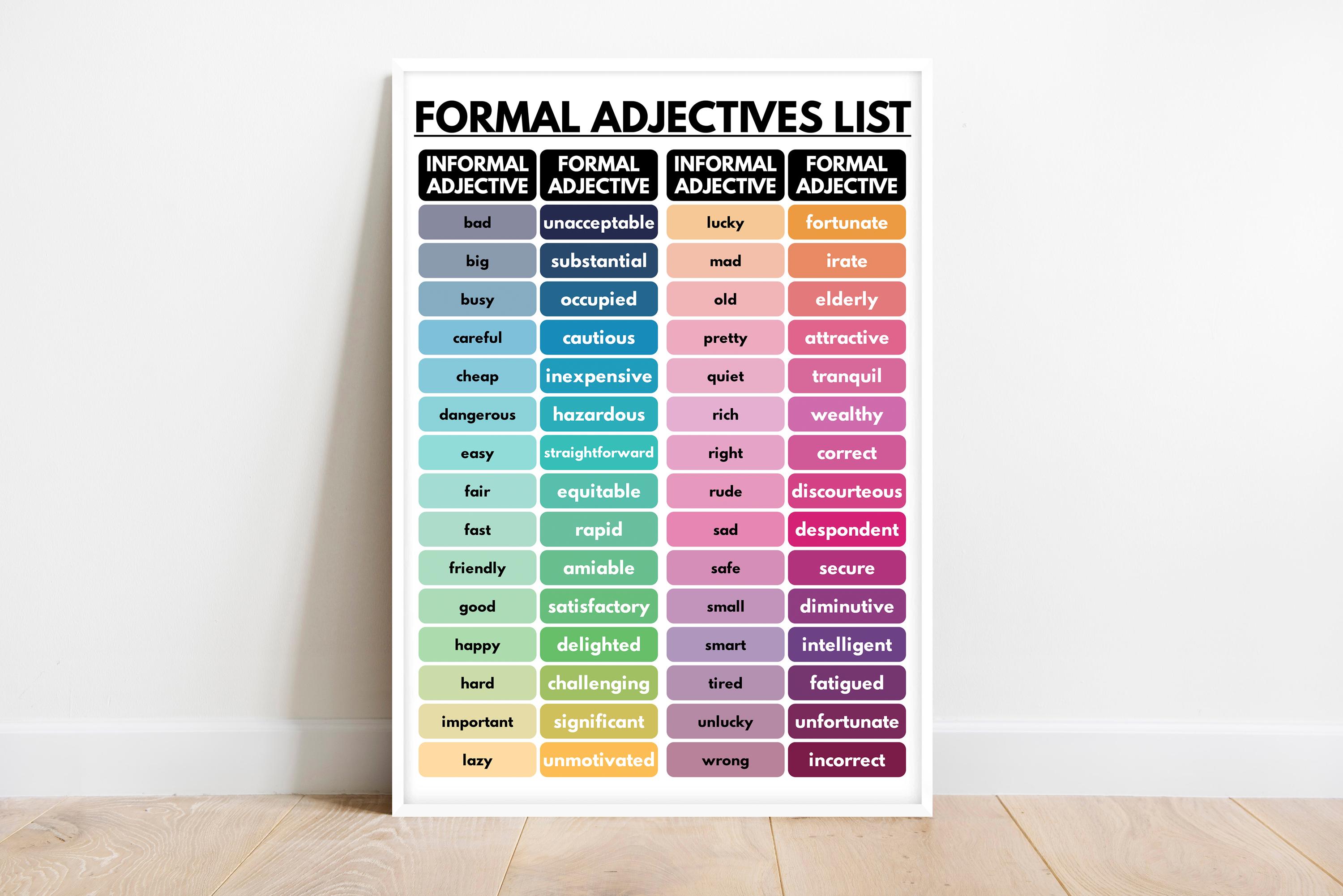 FORMAL ADJECTIVES with Informal Synonyms - Vocabulary Chart, Homeschool, English Classroom, Educational Poster, Printable, Digital Download