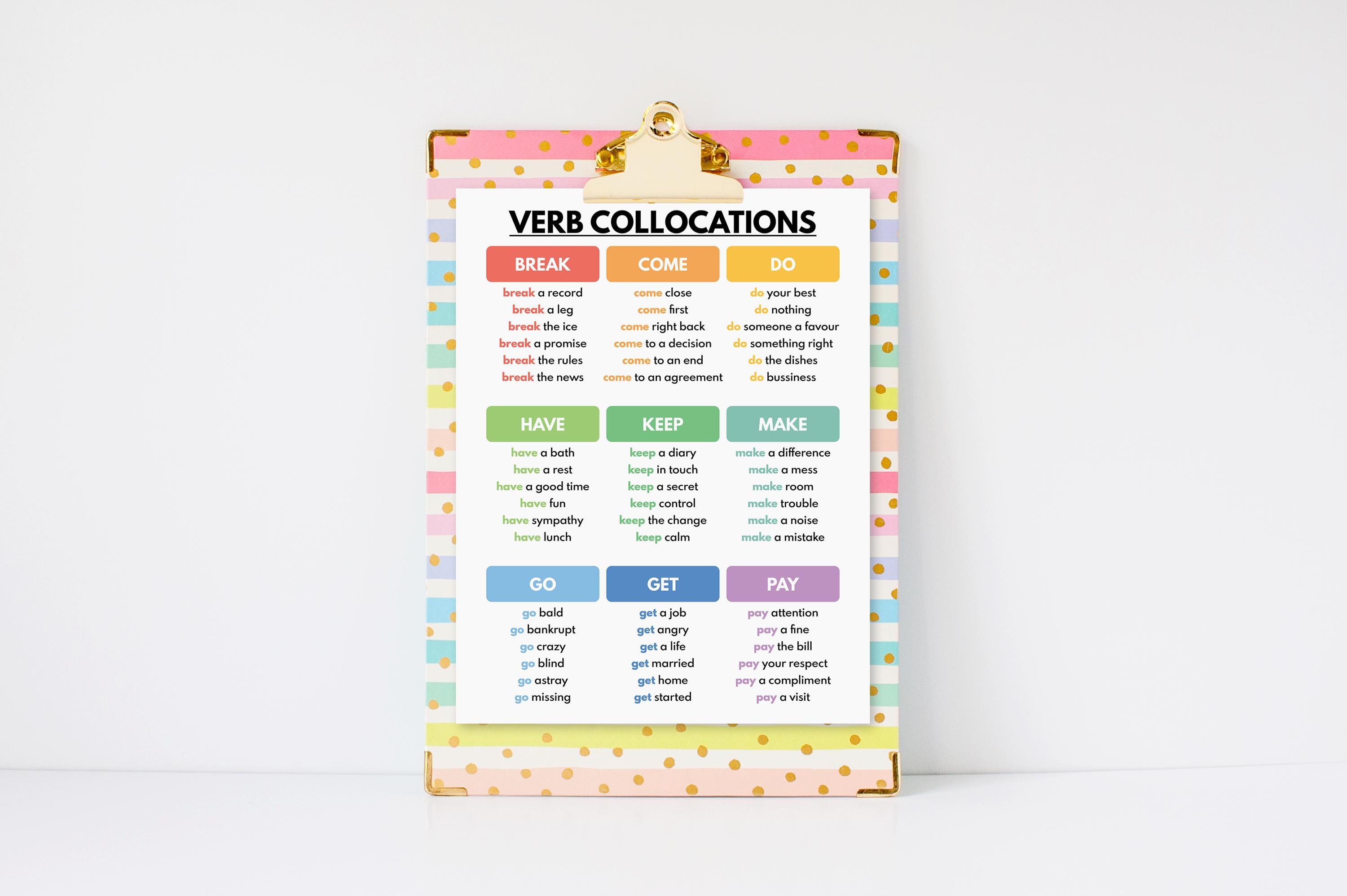 VERB COLLOCATIONS, Grammar Chart for Homeschool, Classroom Poster ...