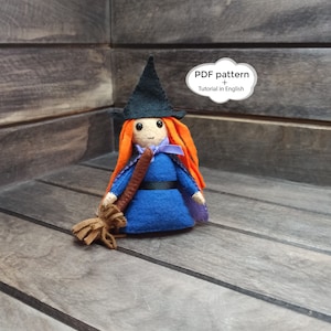 felt witch with broom, witch sewing pattern, Halloween decor