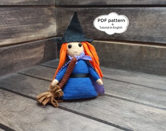 felt witch with broom, witch sewing pattern, Halloween decor