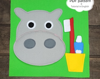 felt busy book page, hippo sewing pdf, toddler busy book