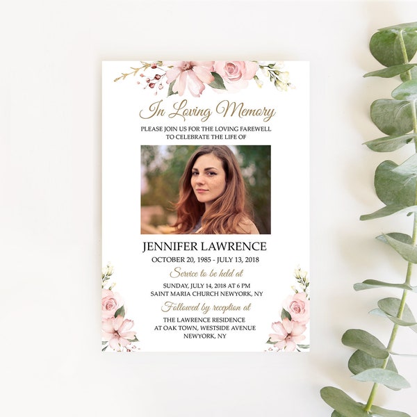 F11 Funeral Invitation blush pink rose, funeral Announcement template floral, celebration of life invitations, printable memorial service