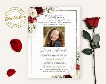 Red White roses Funeral Invitation Funeral Announcement Template Floral Celebration of Life Invitations Obituary For Women #F45