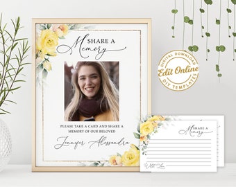 Share a memory cards & sign yellow rose, funeral memory card, yellow printable share a memory card, funeral memory card floral flower #F41