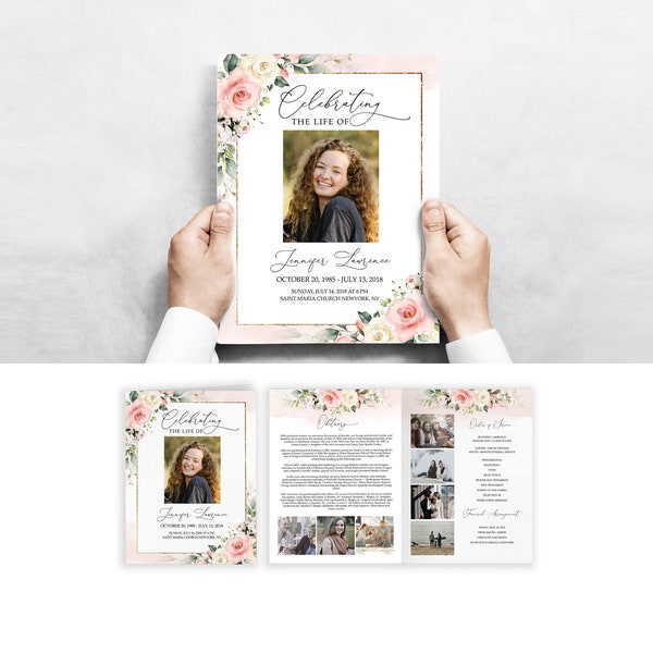 F21 Editable funeral program template blush white roses, pink floral memorial service program, obituary program bi-fold 8.5”x11” Letter Size