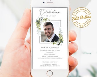 Greenery Electronic Funeral Announcement, Funeral Invitation for Smartphones, Electronic Celebration of Life invitation, Editable Evite, F39