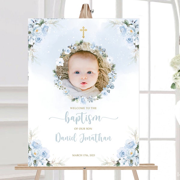 Editable Blue Rose Floral Baptism Welcome Sign Template with Photo for Boy & girl Baptism Printable Baptism Poster Instant Download, #BP46