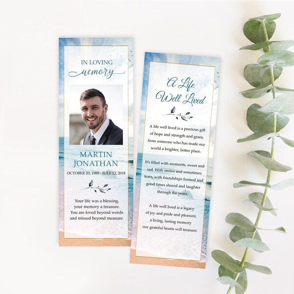 Beach Blue Sea Funeral Bookmark Template Memorial Bookmark For Men Funeral Keepsake Funeral Bookmark Men Printable 2,5"x7" #F125