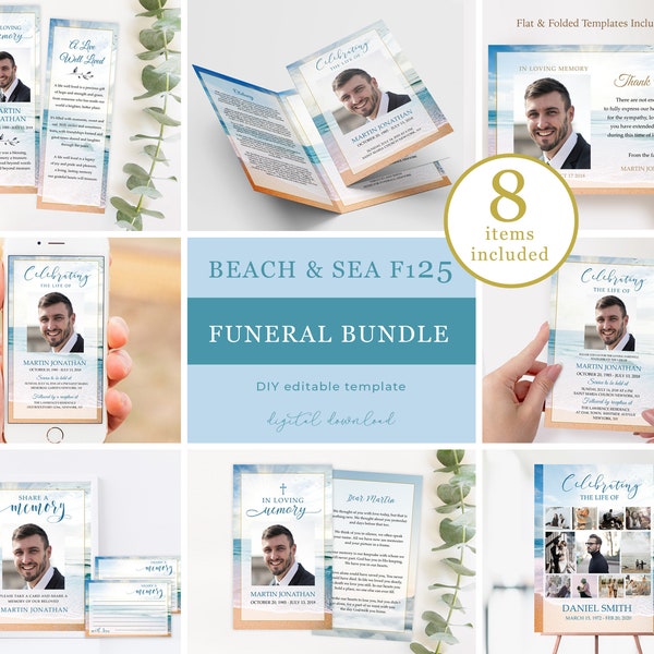 Sea Beach Funeral Bundle Vorlage Feier des Lebens Bundle Printable In Loving Memory Paket-Paket #F125