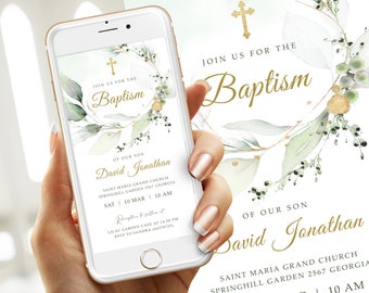 Feuilles de verdure de modèle d'invitation de baptême électronique, verdure de smartphone de baptême numérique, TÉLÉCHARGEMENT INSTANTANÉ, modifiable #BP115