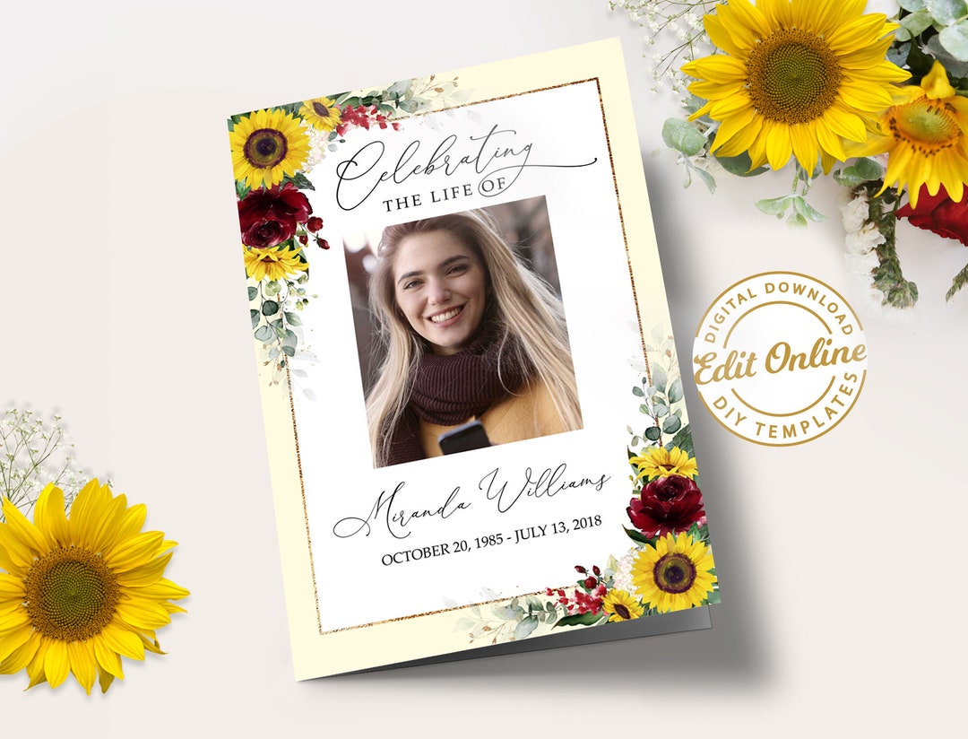 Yellow Sunflower Editable Funeral Program Template Yellow Floral