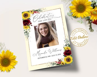 Yellow Sunflower Editable Funeral Program Template Yellow Floral Memorial Service Program Obituary Program #F48