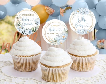 Dusty Blue Rose Baby Shower Cupcake Toppers, boys Baby Shower, Soft Blue Instant Digital Template #BB26