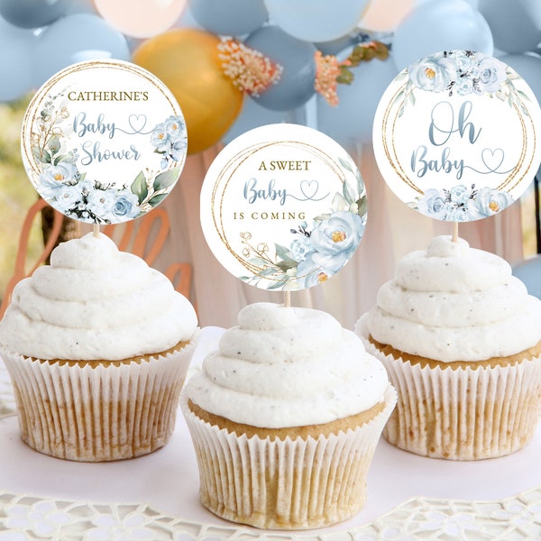 Dusty Blue Rose Baby Shower Cupcake Toppers, boys Baby Shower, Soft Blue Instant Digital Template #BB26