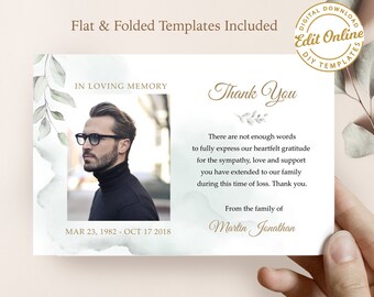 F13 funeral thank you card template greenery for man and woman, editable sympathy thank you card, flat and folded thank you funeral card