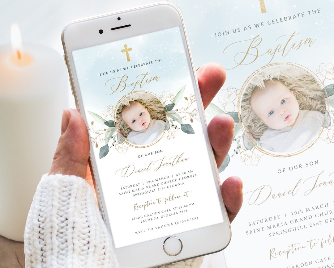 Digital Baptism Invitation Template Green, Baptism Greenery Leaves