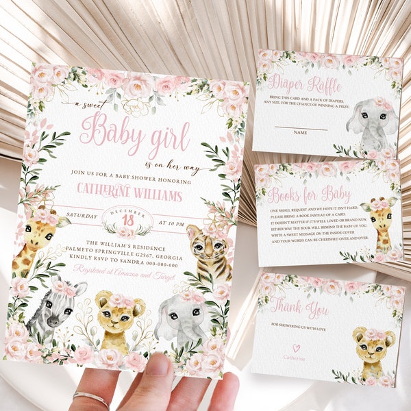 Girl Safari Baby Shower Invitation, Wild Jungle Animals Baby Girl Invite, Pink Floral Greenery Printable Download, EDITABLE TEMPLATE #BB374