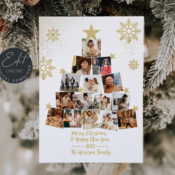 White Merry Christmas Photo Collage Card Template, Christmas Card, Holiday Card Template, Christmas Tree Photo Card Collage Template #C33