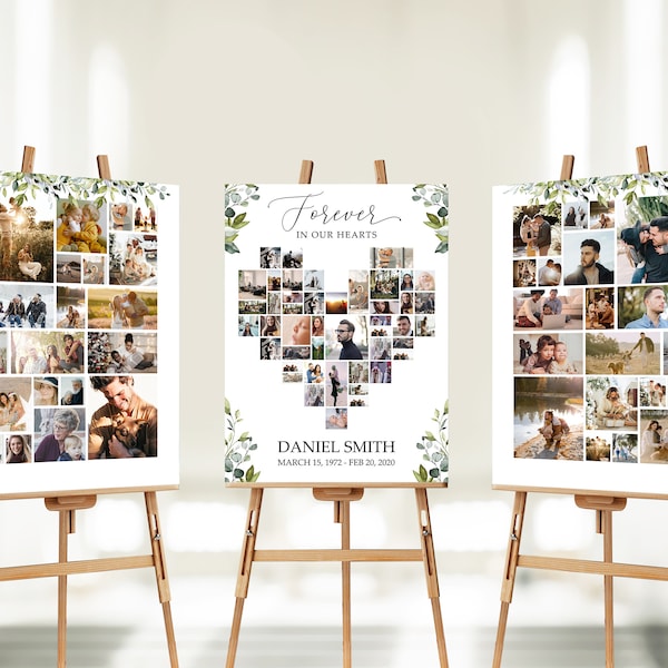 SET Funeral Heart Collage Templates, Greenery Funeral Photo Collage for men or woman, Celebration of Life, Easel Display Memorial, #F39CL