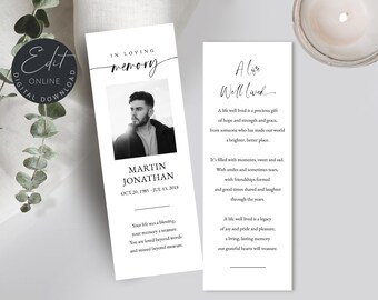 Funeral Bookmark Template Minimalist Modern For Men And Women , Memorial Bookmark man, Funeral Bookmark Printable, CelebratIon Of Life, #F71