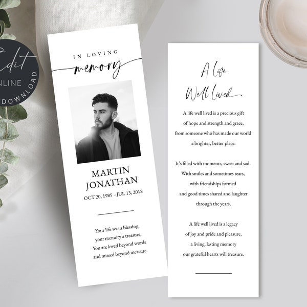 Funeral Bookmark Template Minimalist Modern For Men And Women , Memorial Bookmark man, Funeral Bookmark Printable, CelebratIon Of Life, #F71