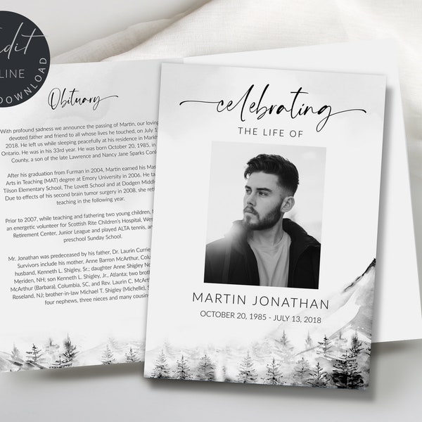 Celebration of Life Funeral Program Template, Mountain Theme Funeral Obituary Card, Printable Memorial Program, Funeral Prayer Card,F63