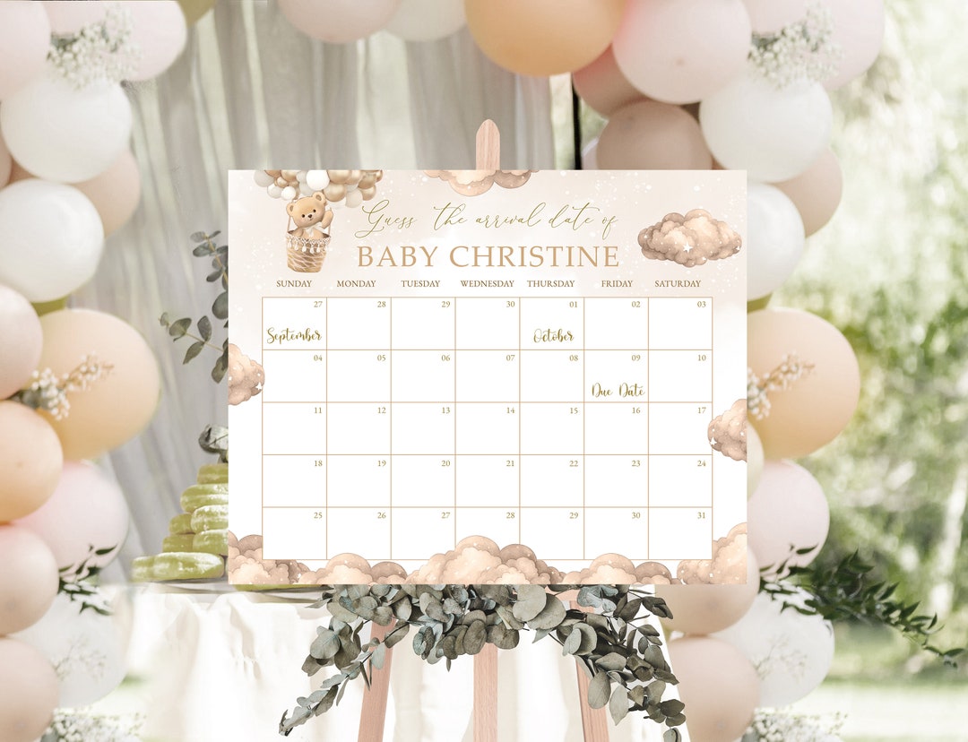 Printable Baby Shower Due Date Calendar Bear Air Balloon Theme Gender ...
