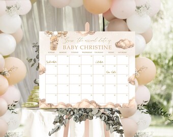 Printable Baby Shower Due Date Calendar Bear Air Balloon Theme Gender-Neutral Baby Shower Due Date Calendar Instant Digital Template #BB243