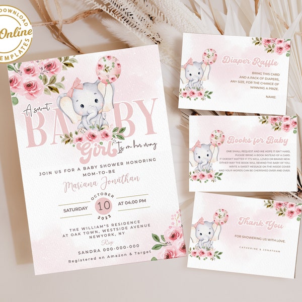 EDITABLE Blush Pink Rose Elephant Baby Shower Invitation Template Girl Baby Elephant Invite Baby Shower Printable Instant Download, #BB221